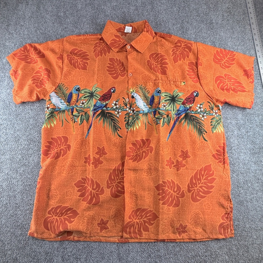Vintage Creations Mens XL Orange Tropical Floral Hawaiian Button Down Shirt